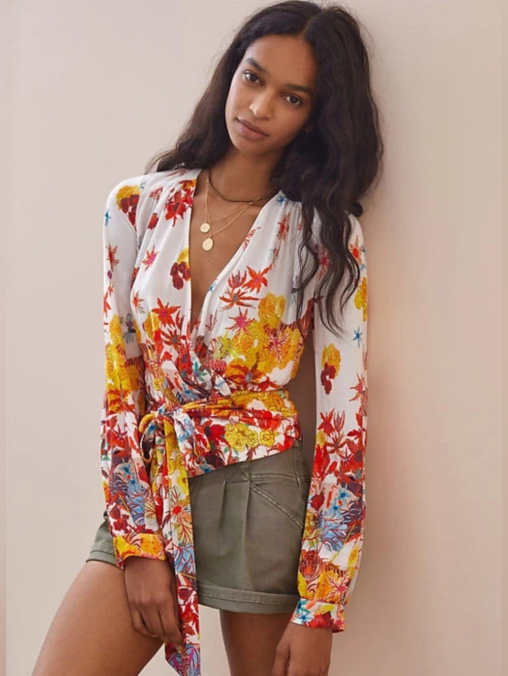 By Anthropoligie- S Floral Wrap Tie Blouse - White with Red & Yellow Floral NWT